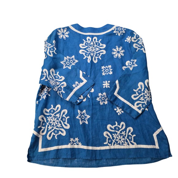 Marisa Christina Woman Blue White Floral Tunic Top 1X Linen Blend - Picture 3 of 7